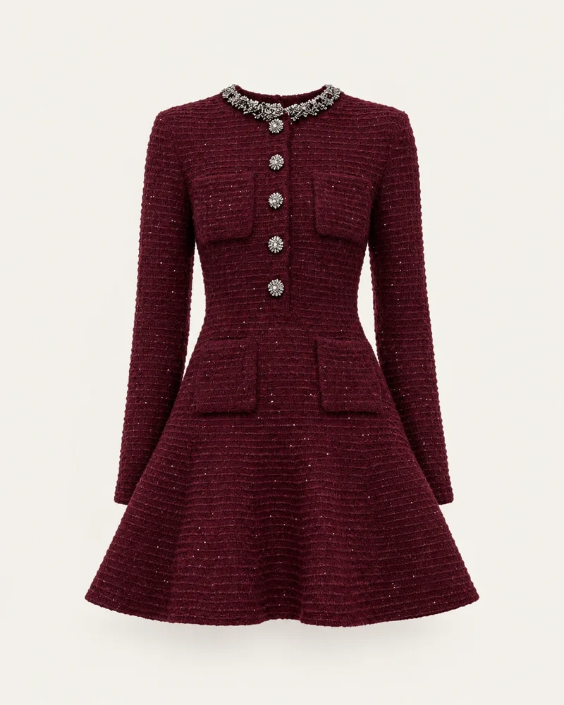 Burgundy Long-Sleeve Knit Mini Dress