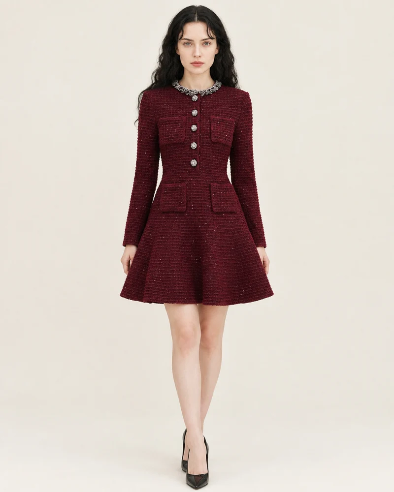 Burgundy Long-Sleeve Knit Mini Dress