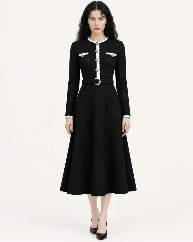 Celia Long-Sleeve Belted Cutout Dress