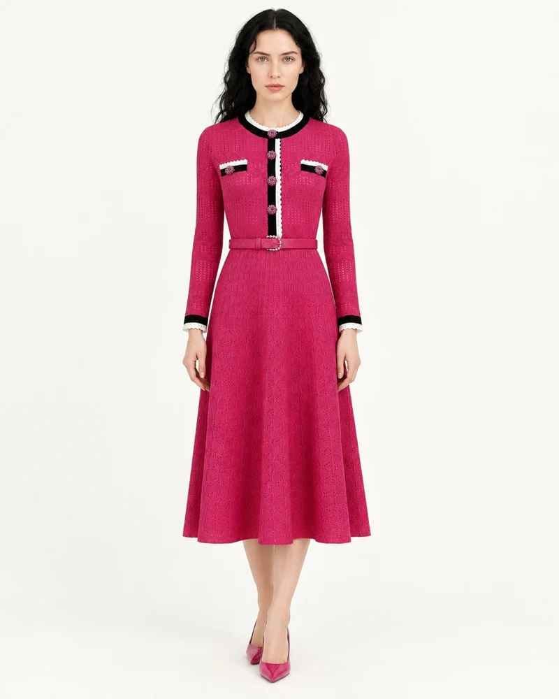 Celia Long-Sleeve Belted Cutout Dress