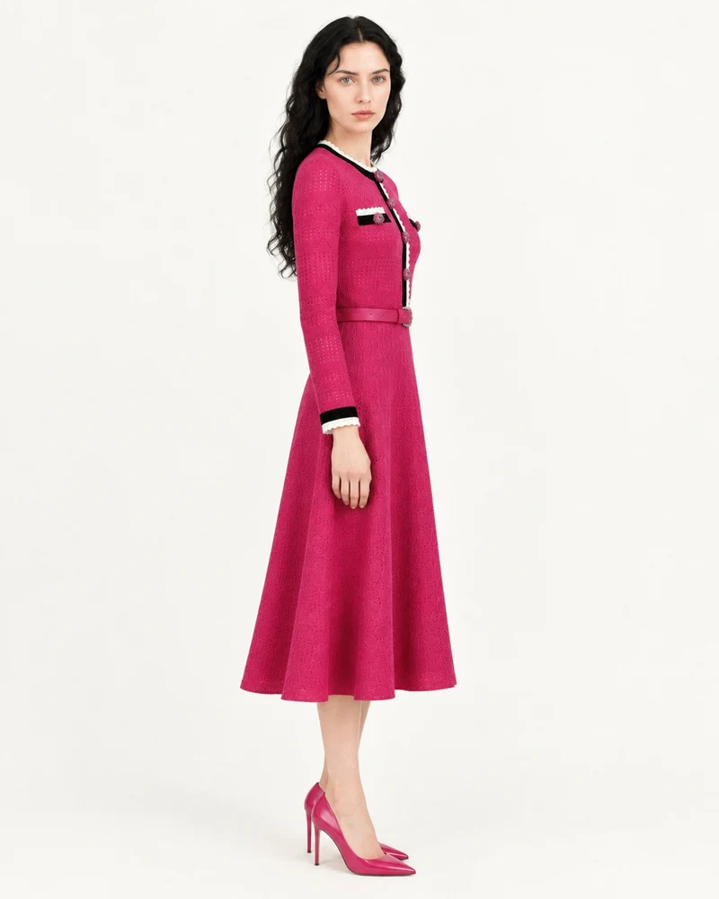 Celia Long-Sleeve Belted Cutout Dress