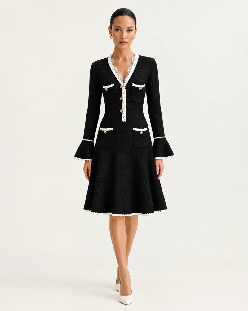 Georgina Long-Sleeve Cutout Ruffle Knit Dress