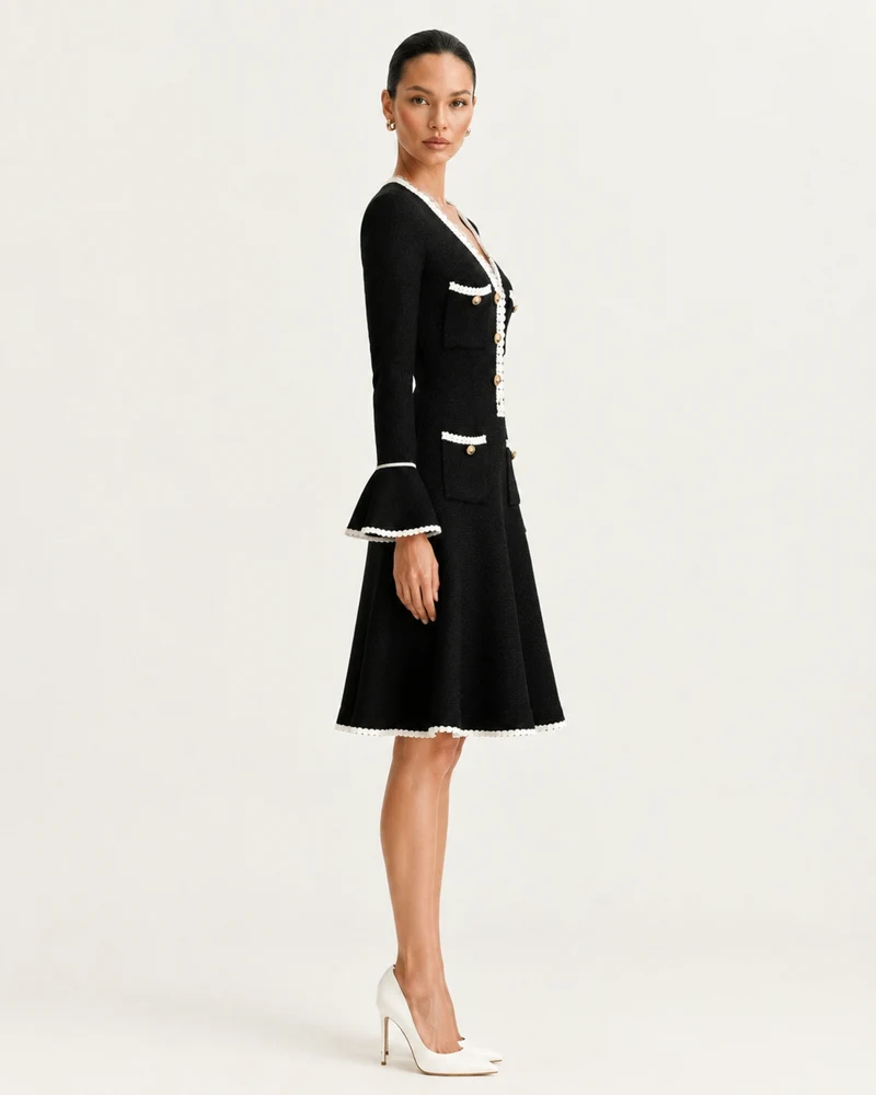 Georgina Long-Sleeve Cutout Ruffle Knit Dress