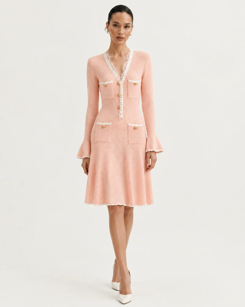 Georgina Long-Sleeve Cutout Ruffle Knit Dress