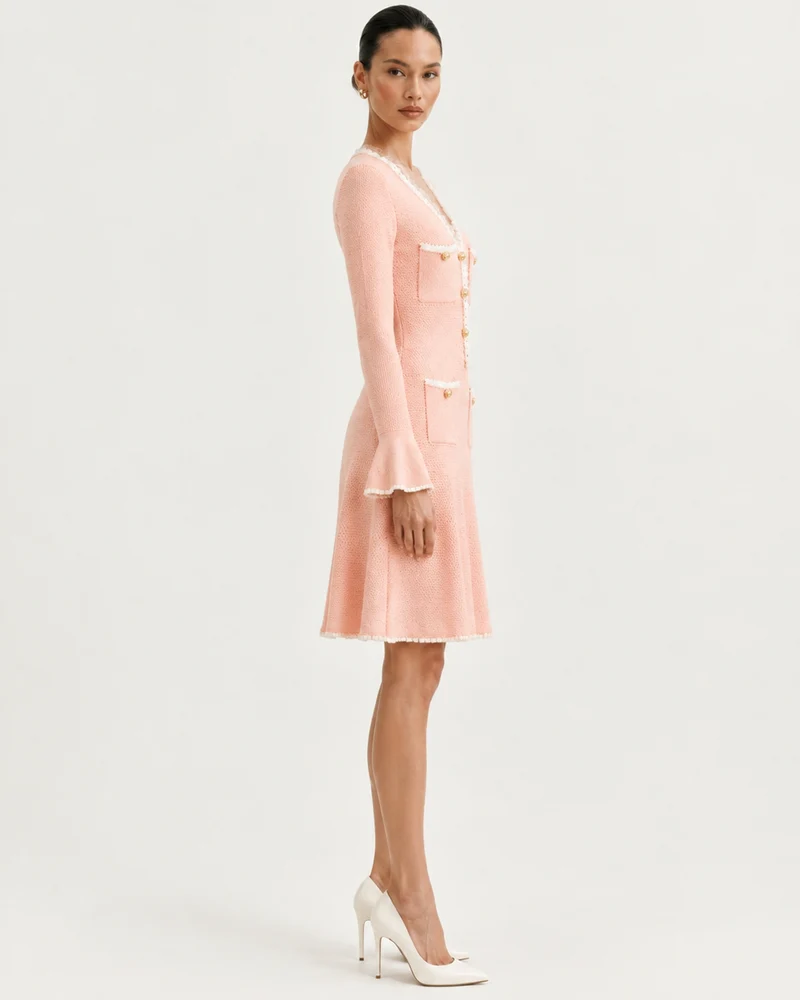 Georgina Long-Sleeve Cutout Ruffle Knit Dress