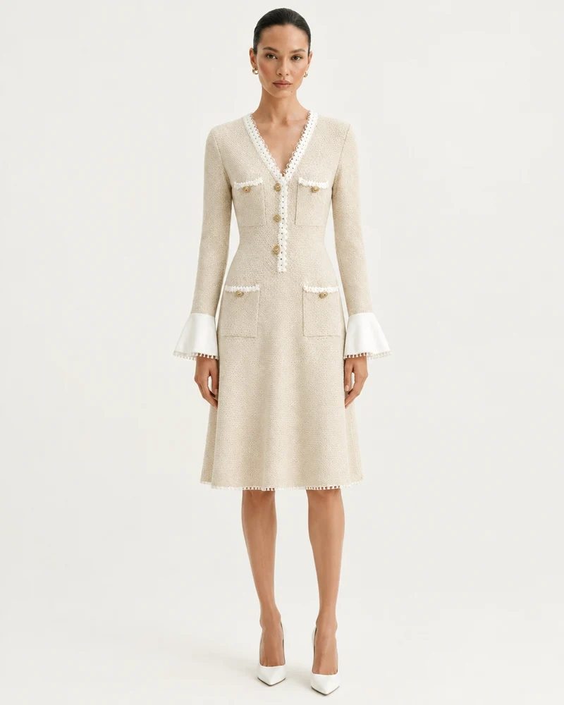Georgina Long-Sleeve Cutout Ruffle Knit Dress