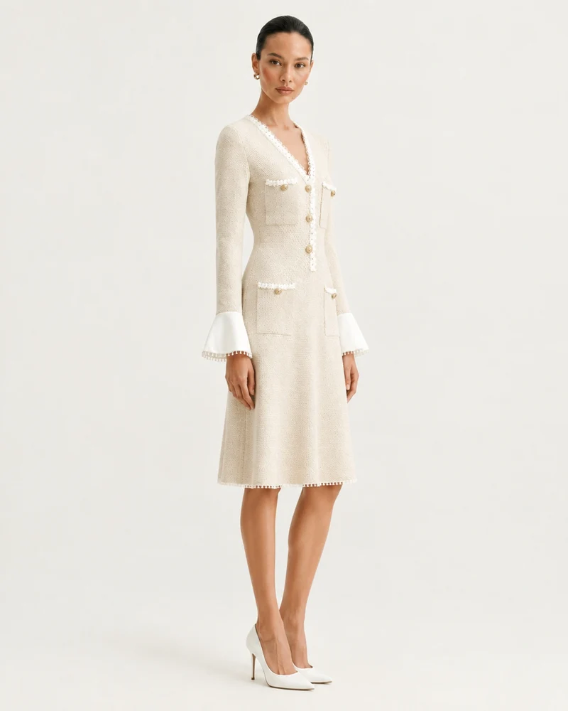 Georgina Long-Sleeve Cutout Ruffle Knit Dress