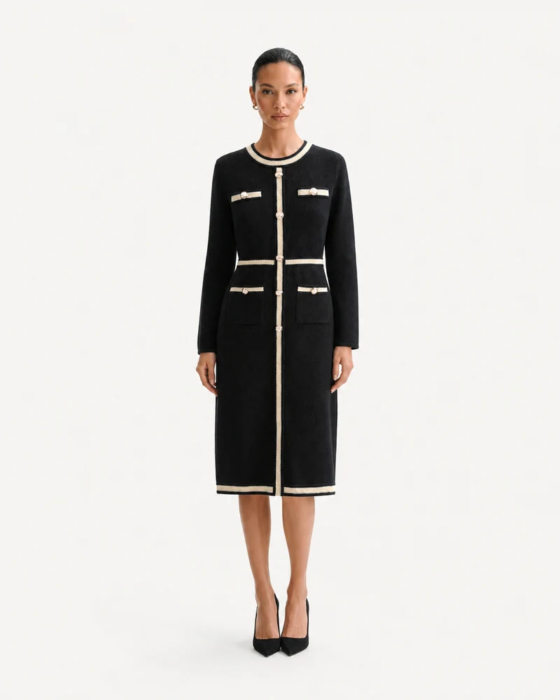 Classic Elegant Knit Little Black Dress Long Sleeve