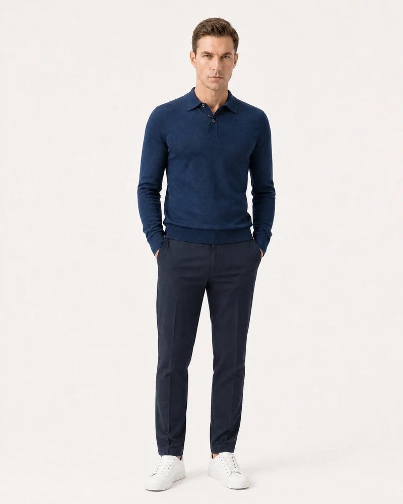 Worsted Merino Wool Long-Sleeve Polo Sweater