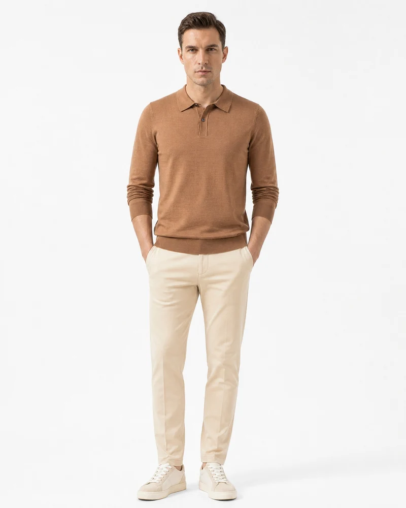Worsted Merino Wool Long-Sleeve Polo Sweater