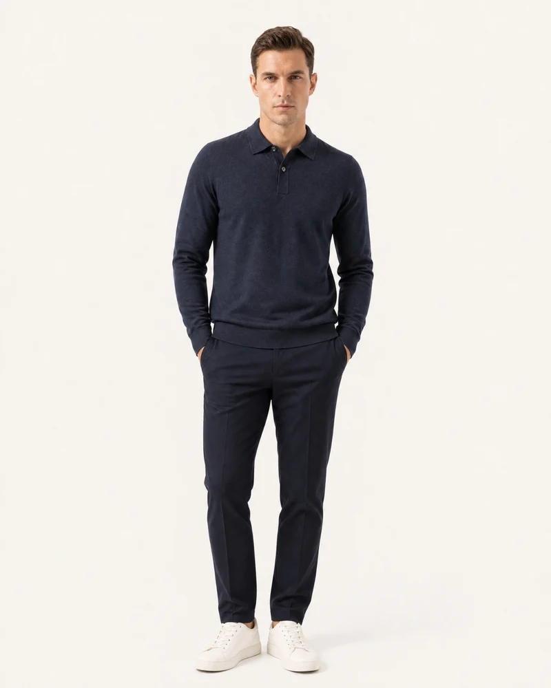 Worsted Merino Wool Long-Sleeve Polo Sweater