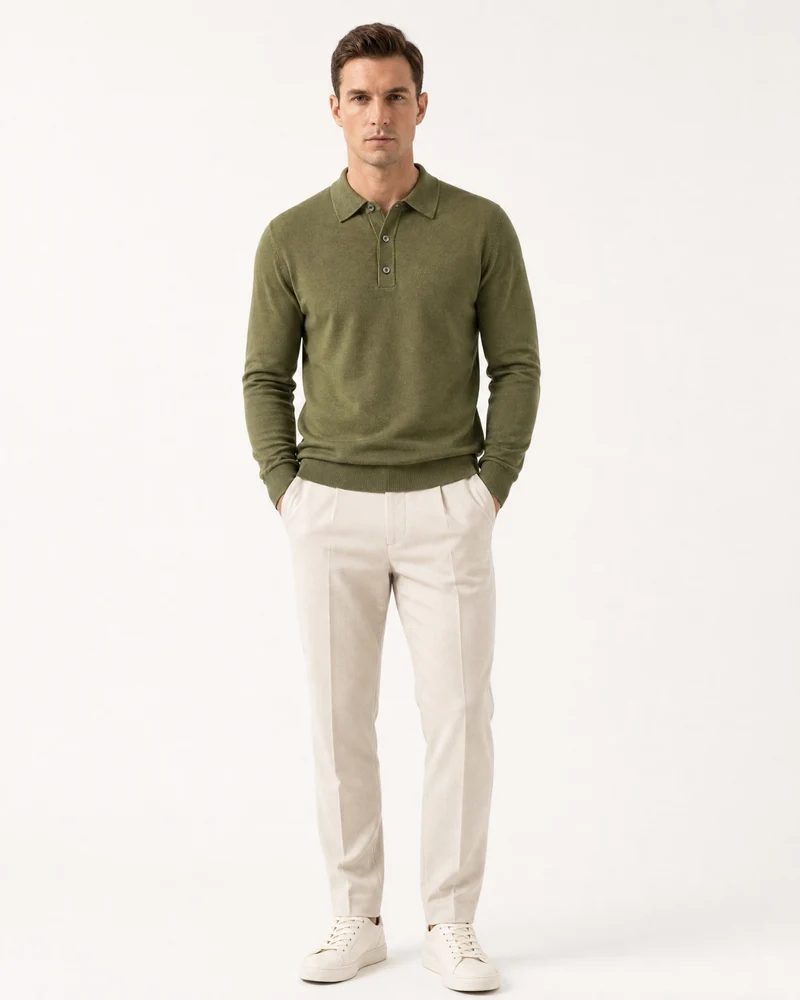 Worsted Merino Wool Long-Sleeve Polo Sweater