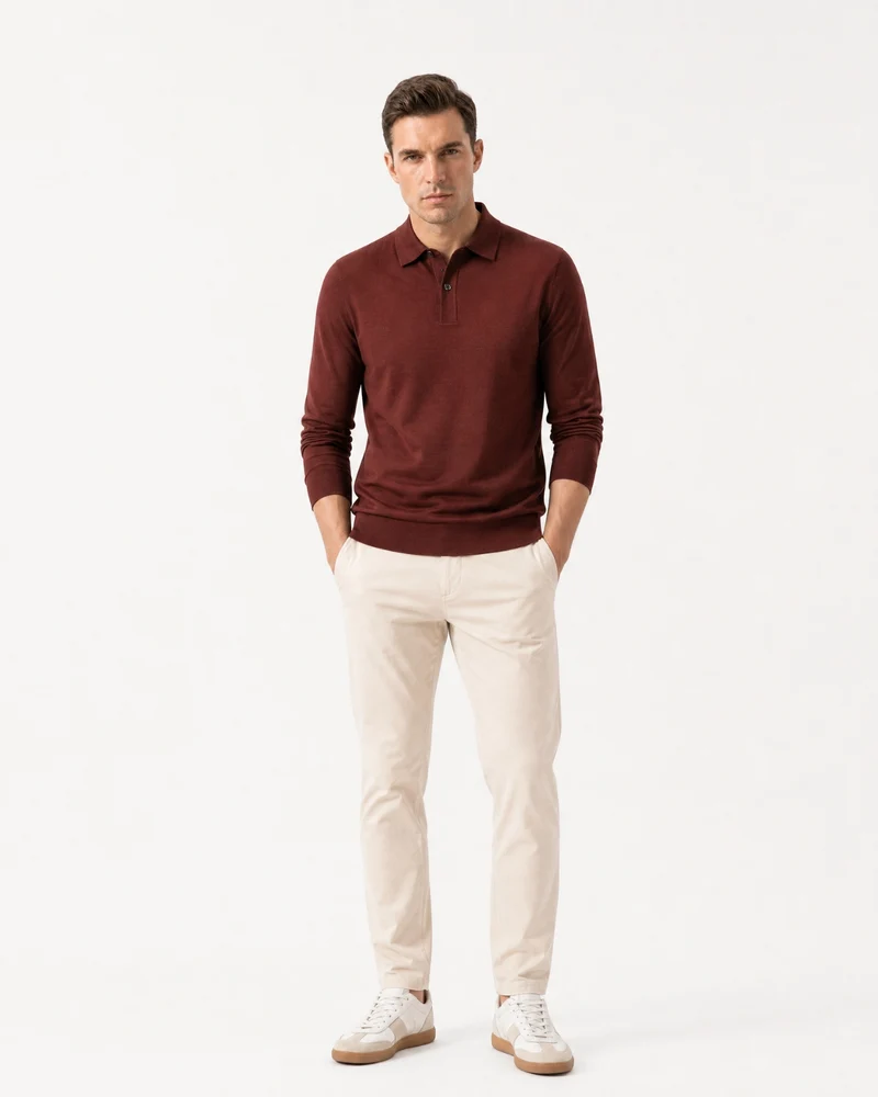 Worsted Merino Wool Long-Sleeve Polo Sweater