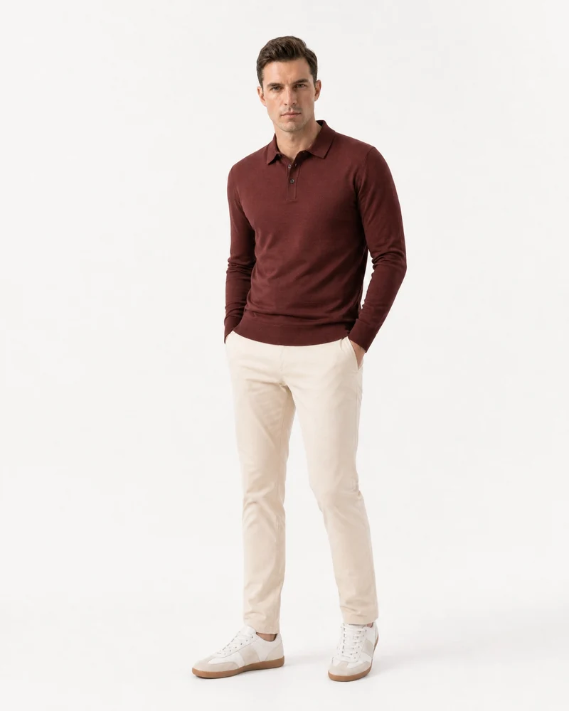 Worsted Merino Wool Long-Sleeve Polo Sweater