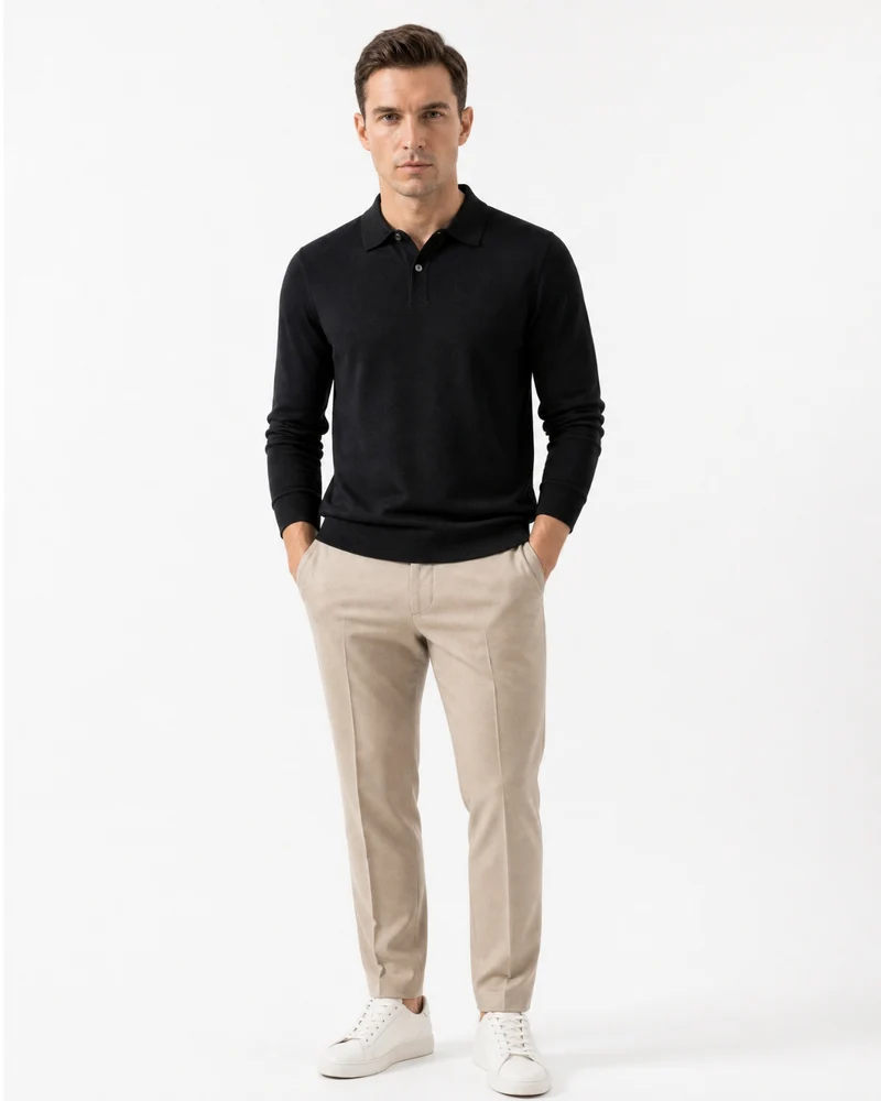 Worsted Merino Wool Long-Sleeve Polo Sweater