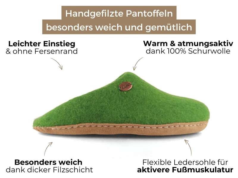 Offene Filzpantoffeln ohne Fersenrand Tibet, grasgrün