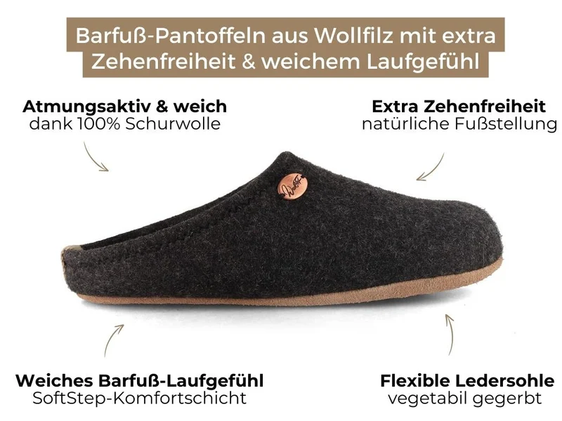 Barefoot Filzpantoffeln mit viel Zehenfreiheit, grau