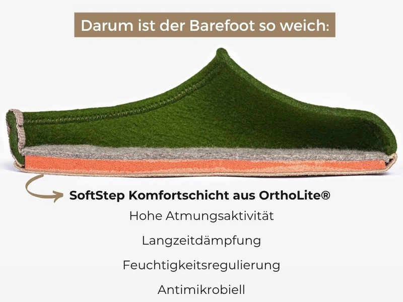 Barefoot Filzpantoffeln mit viel Zehenfreiheit, grün