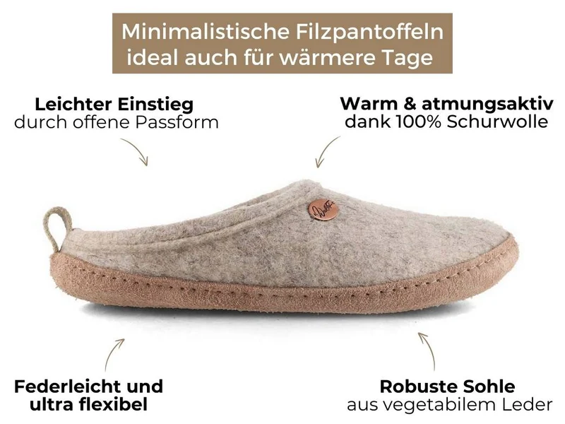 Tundra leichte Filzpantoffeln aus 100% Wolle, beige