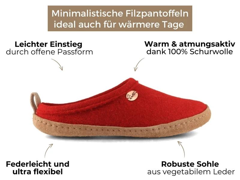 Tundra leichte Filzpantoffeln aus 100% Wolle, rot