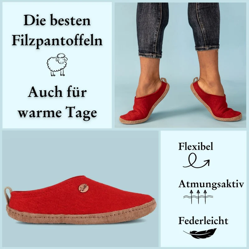 Tundra leichte Filzpantoffeln aus 100% Wolle, rot