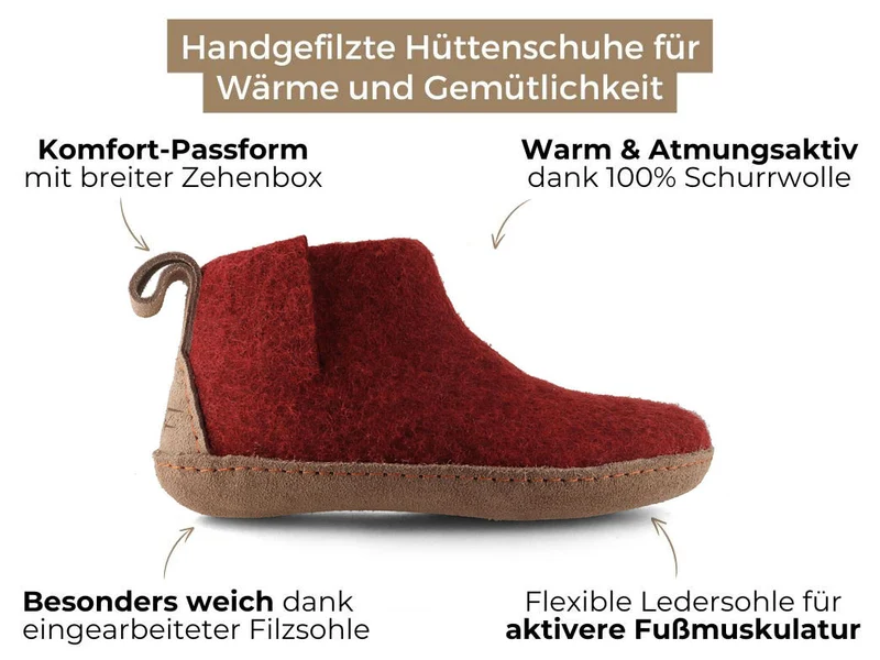 Hüttenschuhe mit Ledersohle Yeti, dunkelrot