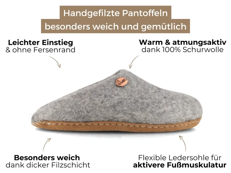 Offene Filzpantoffeln ohne Fersenrand Tibet, steingrau