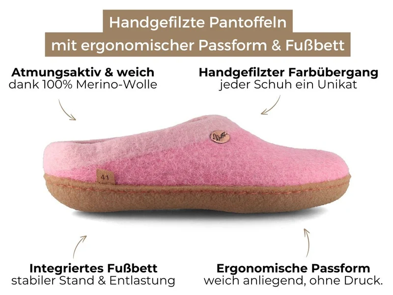 Sherpa Filzpantoffeln mit Fußbett & Naturgummisohle, rosa