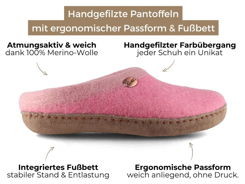 Sherpa Filzpantoffeln mit Fußbett & Ledersohle, rosa