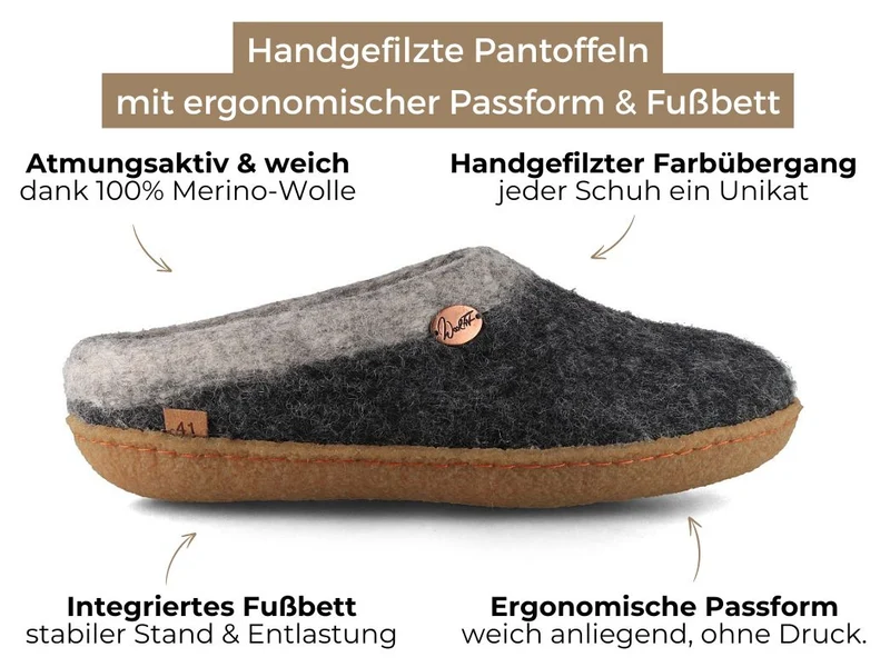 Sherpa Filzpantoffeln mit Fußbett & Naturgummisohle, grau