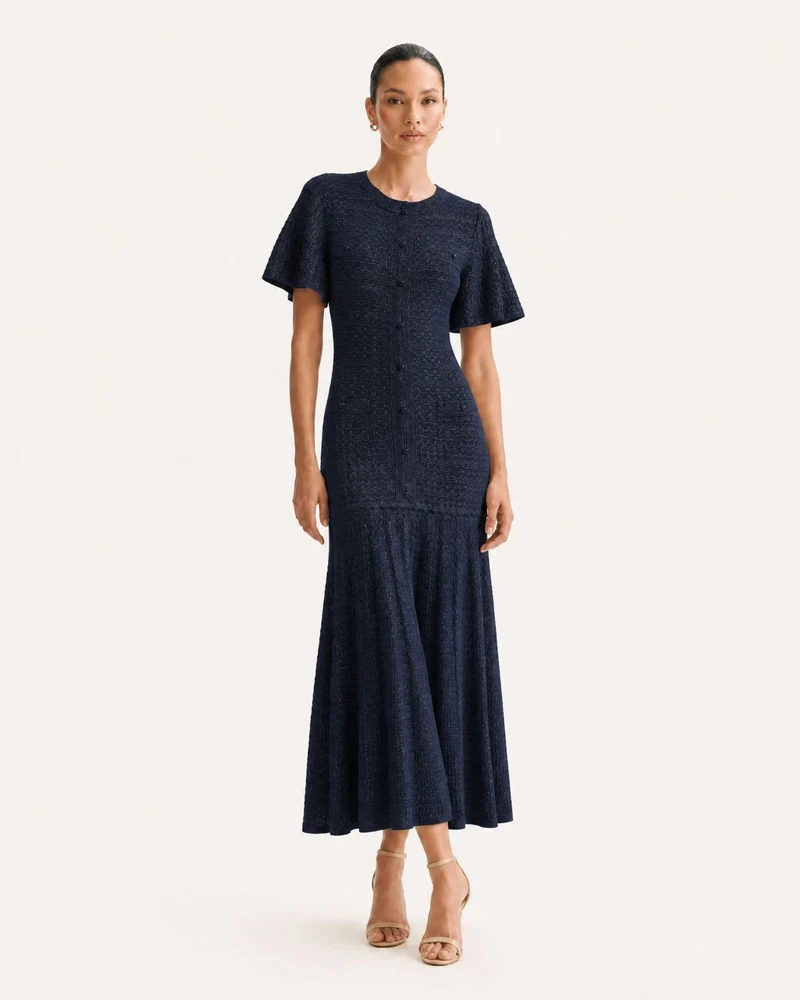 Anna Rhinestone Short-Sleeve Round-Neck Celebrity Dress