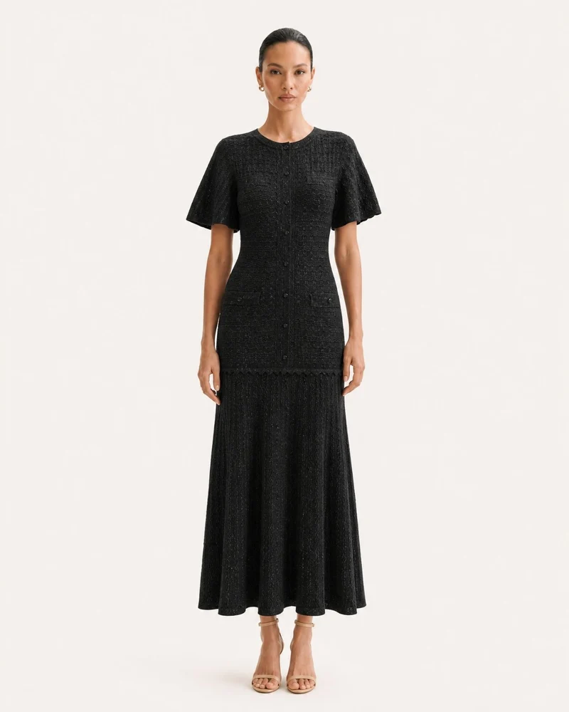 Anna Rhinestone Short-Sleeve Round-Neck Celebrity Dress