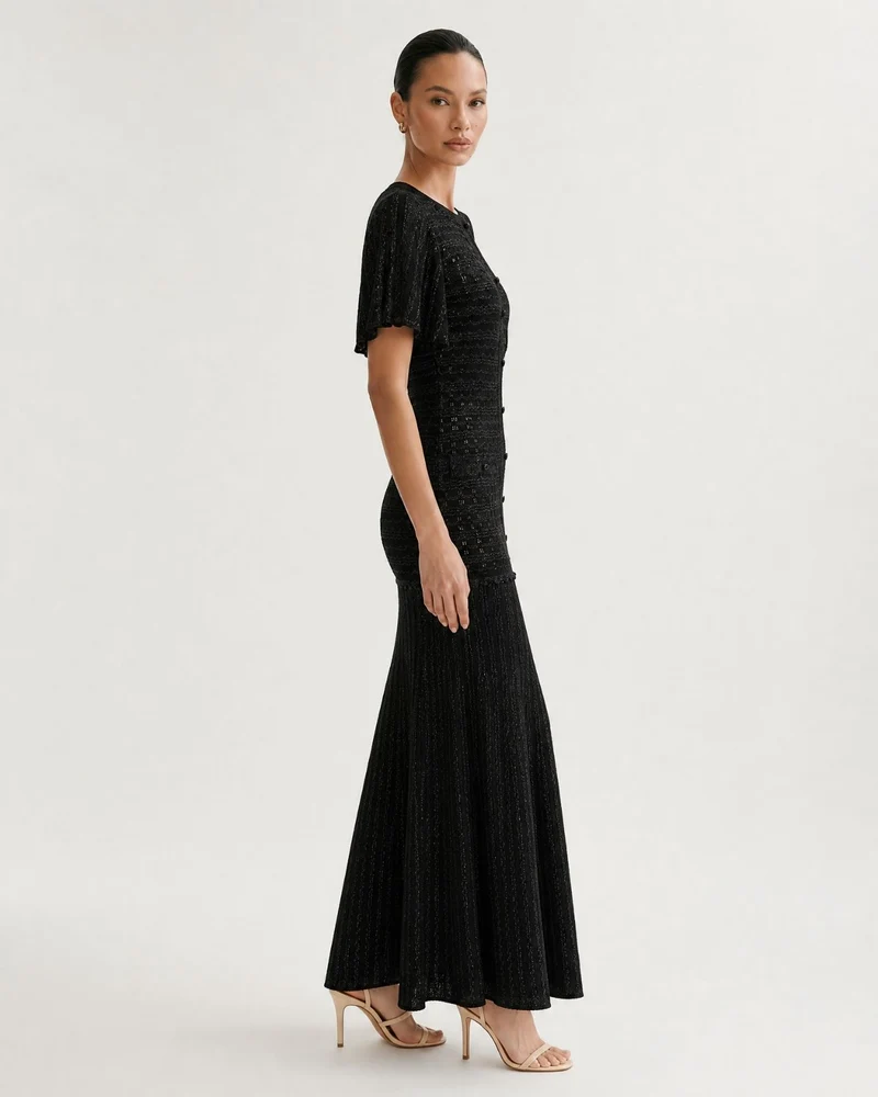 Anna Rhinestone Short-Sleeve Round-Neck Celebrity Dress