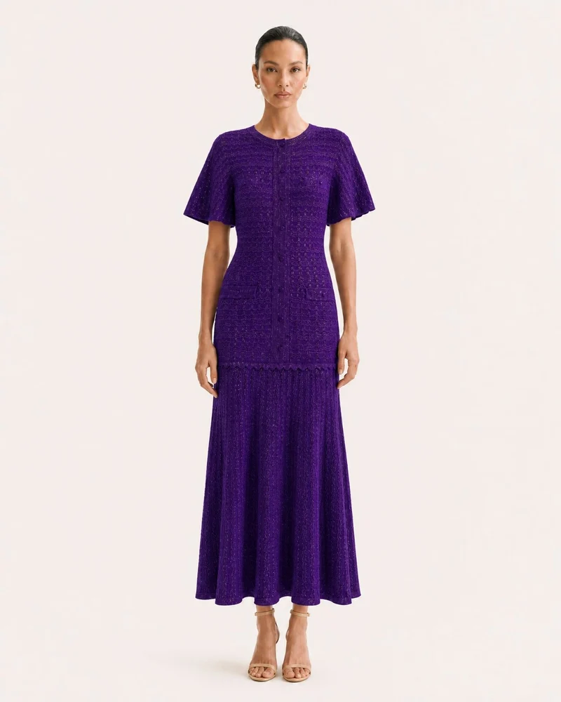 Anna Rhinestone Short-Sleeve Round-Neck Celebrity Dress