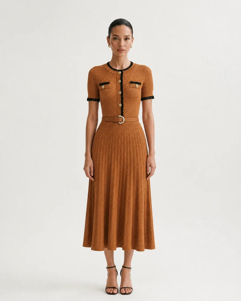 Slim-Fit Waist Short-Sleeve Long Dress