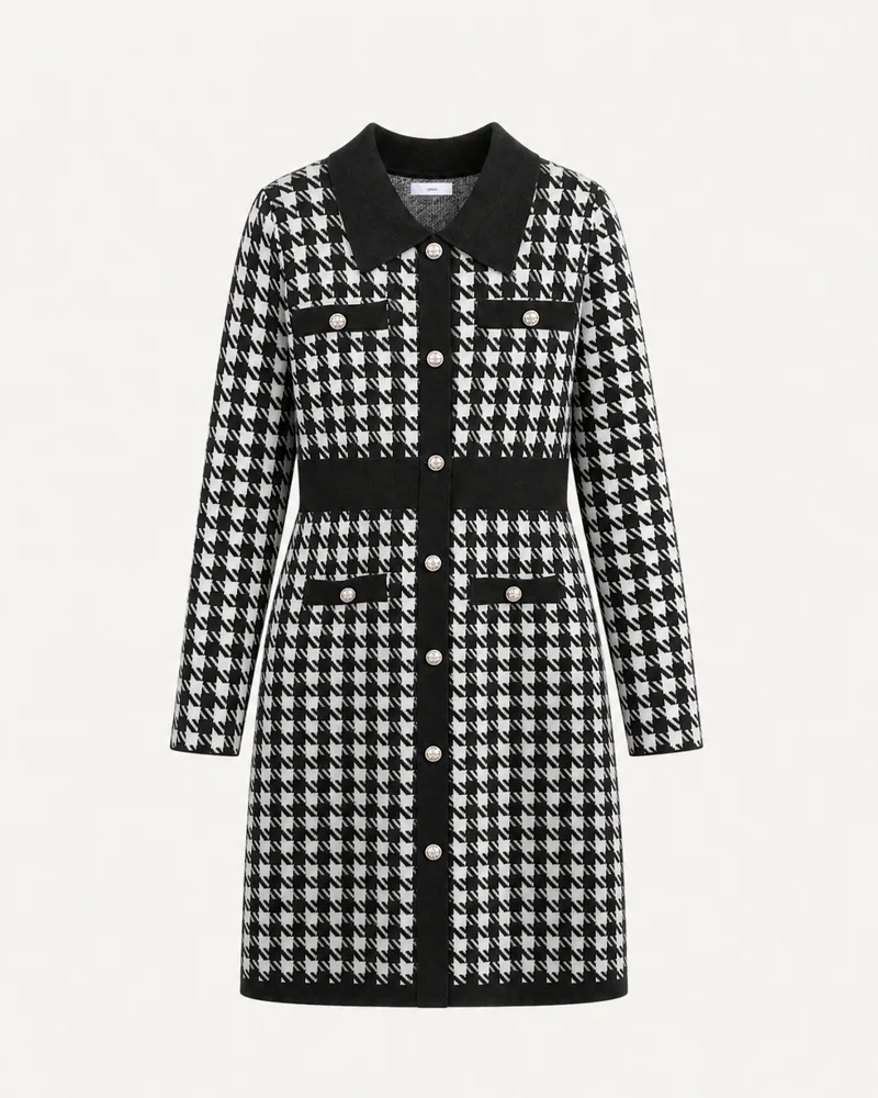 Houndstooth Pattern Knit Dress Long Sleeve A-Line