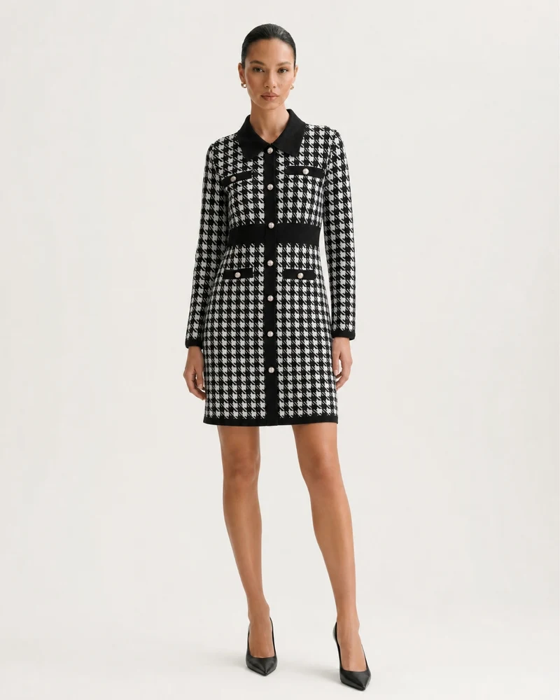 Houndstooth Pattern Knit Dress Long Sleeve A-Line