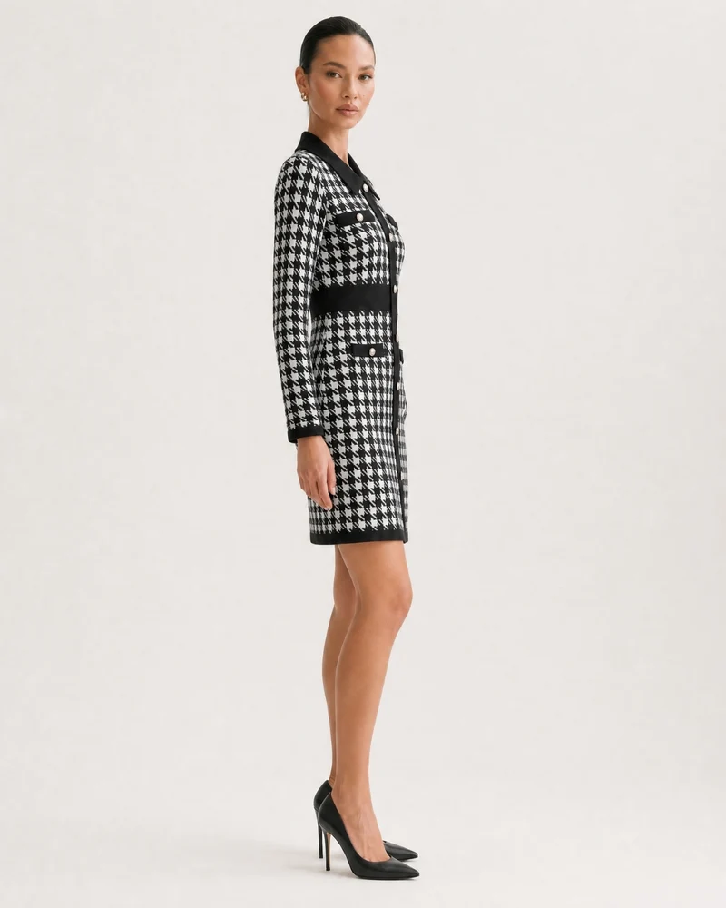 Houndstooth Pattern Knit Dress Long Sleeve A-Line