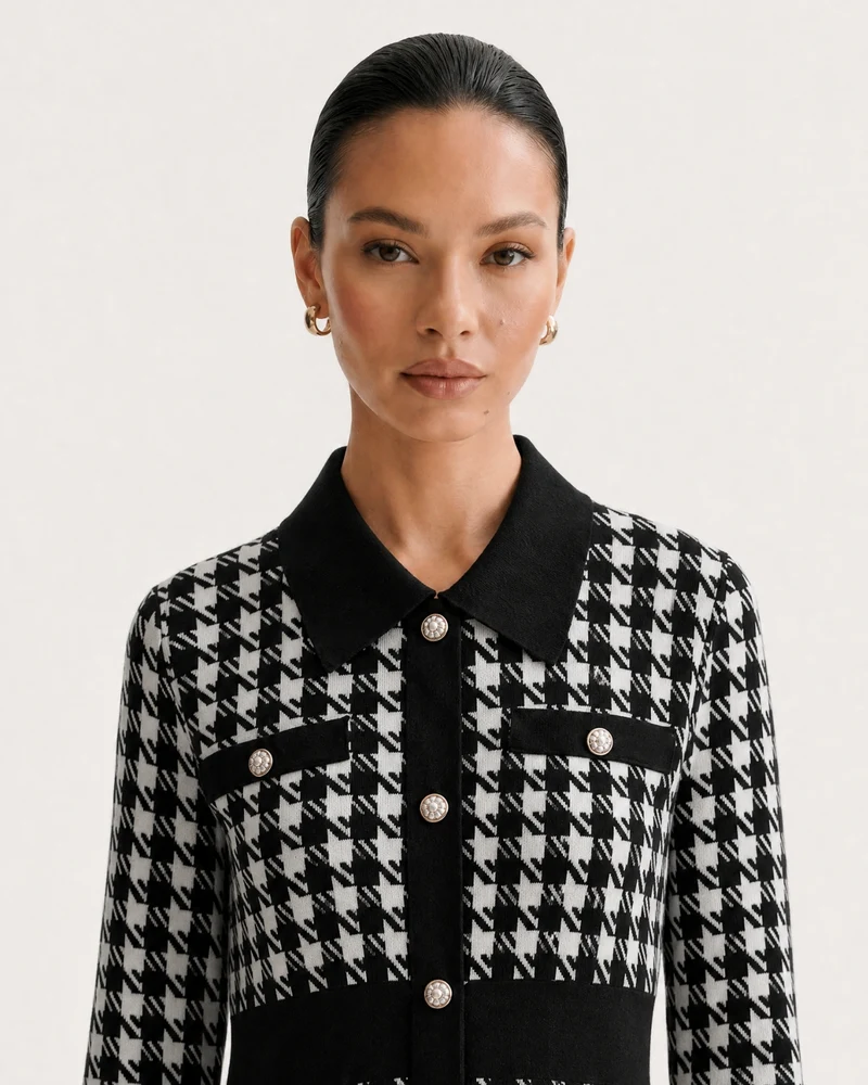 Houndstooth Pattern Knit Dress Long Sleeve A-Line