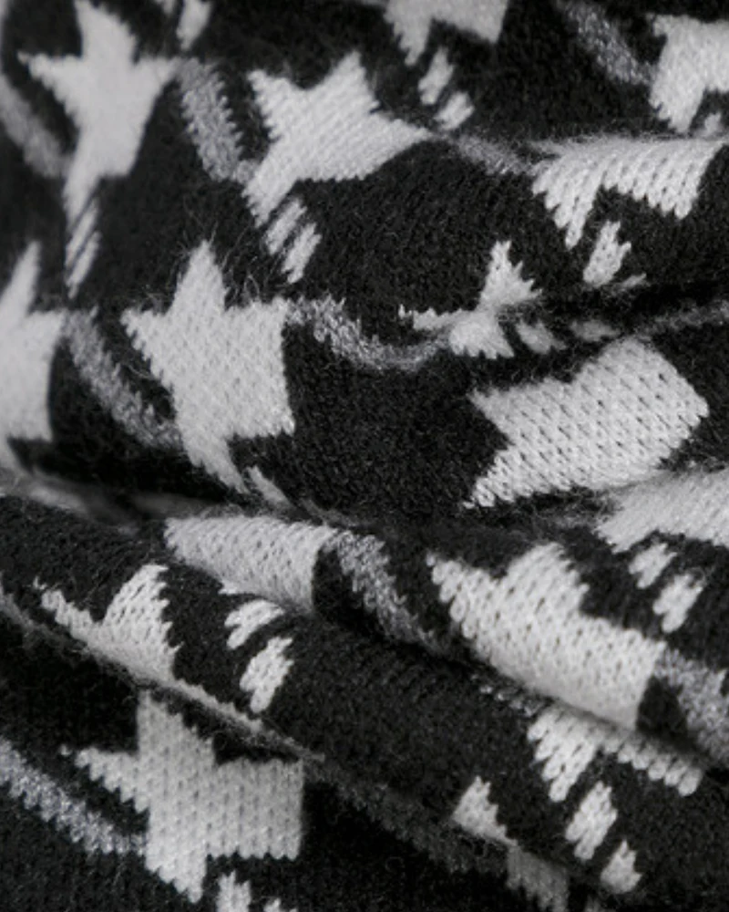 Houndstooth Pattern Knit Dress Long Sleeve A-Line