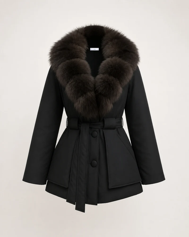 Fox Fur Collar Down Jacket With Belt