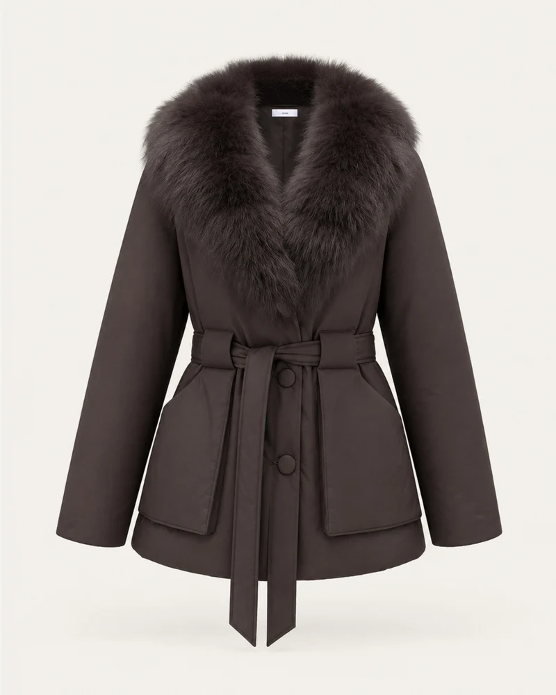 Fox Fur Collar Down Jacket With Belt