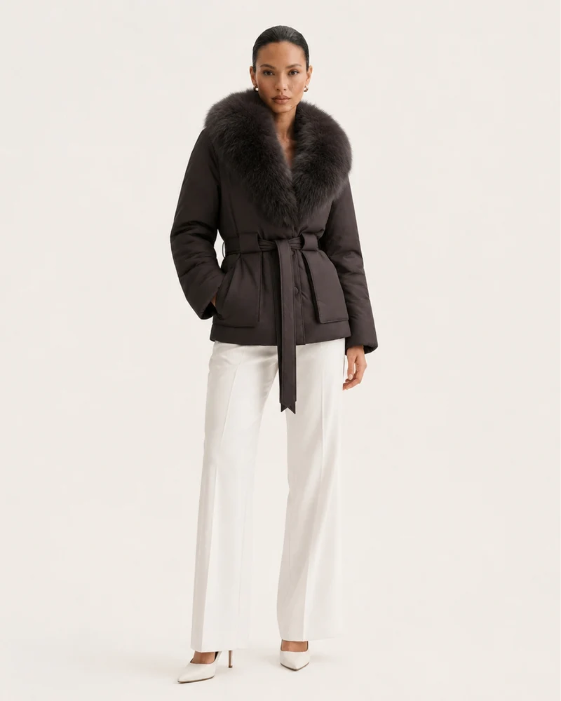 Fox Fur Collar Down Jacket With Belt