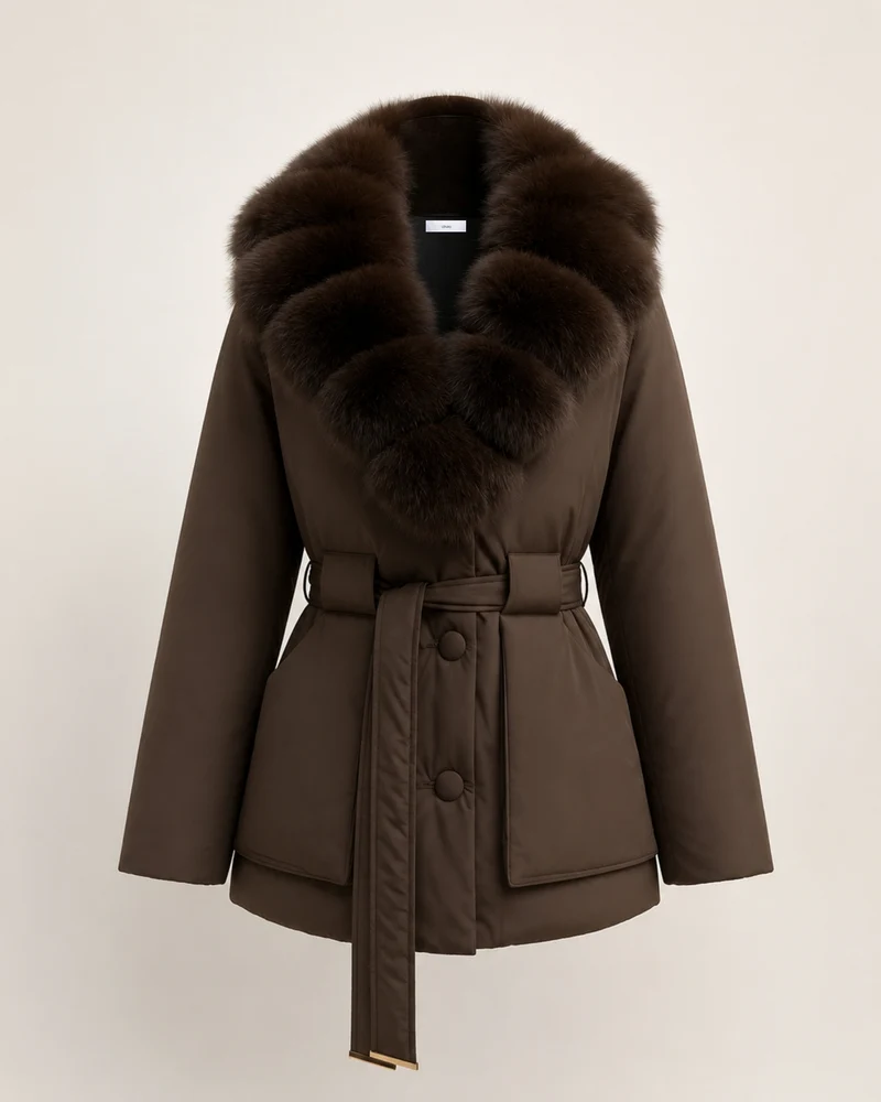 Fox Fur Collar Down Jacket With Belt