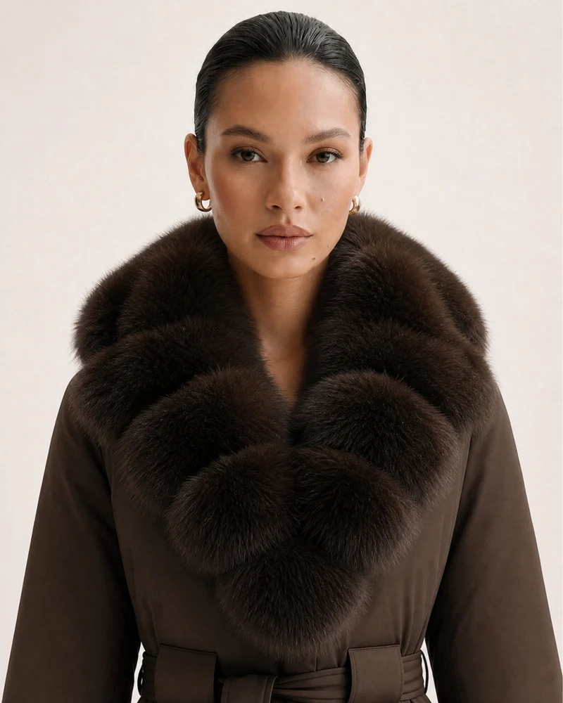 Fox Fur Collar Down Jacket With Belt