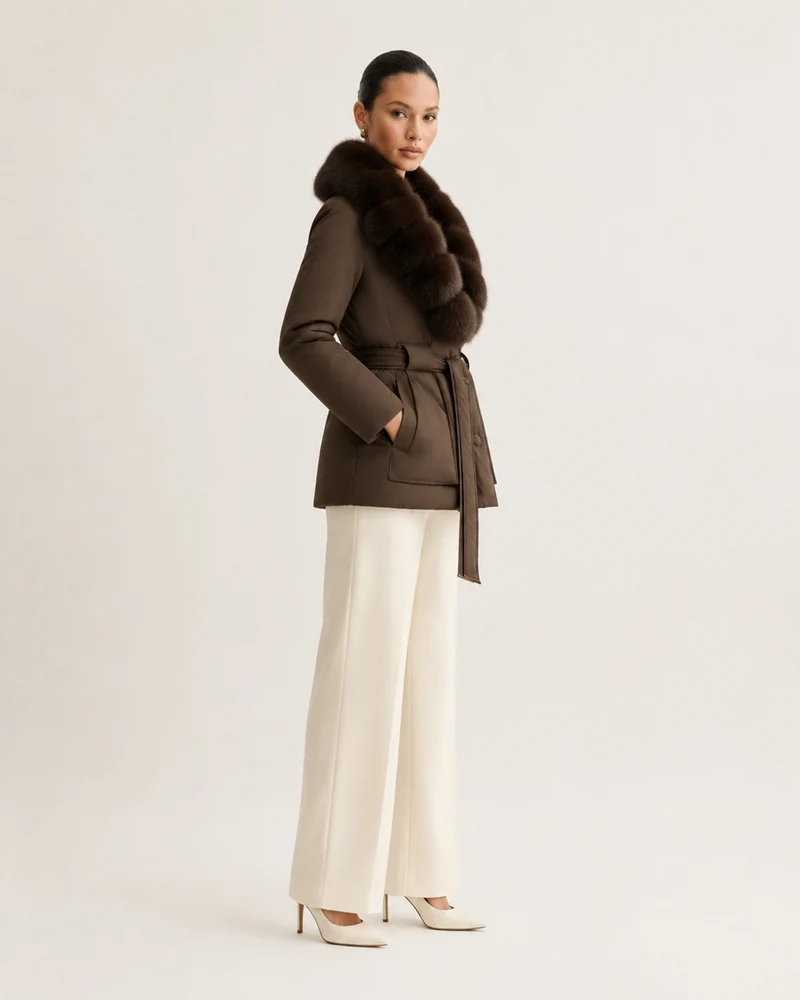 Fox Fur Collar Down Jacket With Belt