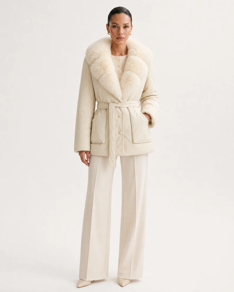 Fox Fur Collar Down Jacket With Belt