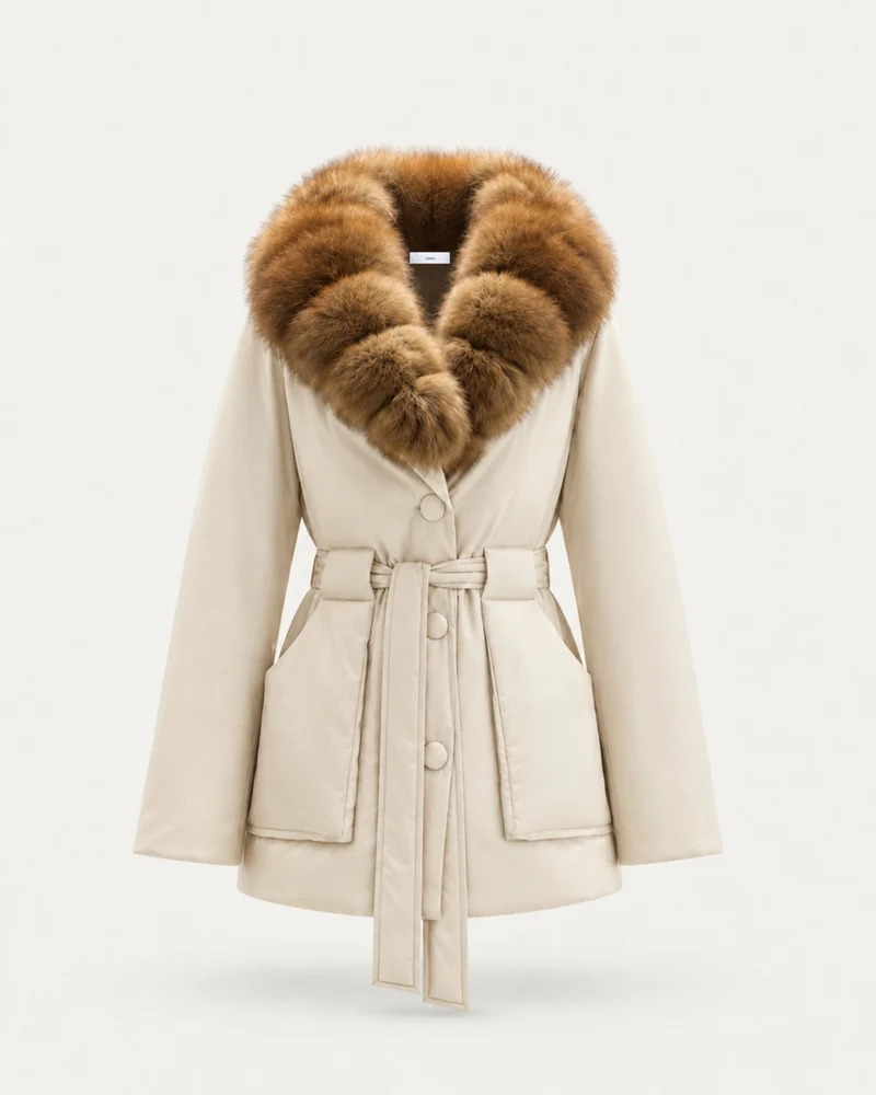 Fox Fur Collar Down Jacket With Belt