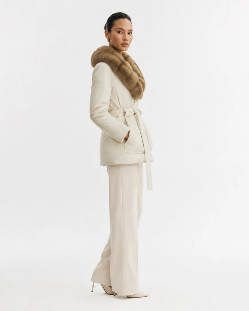 Fox Fur Collar Down Jacket With Belt