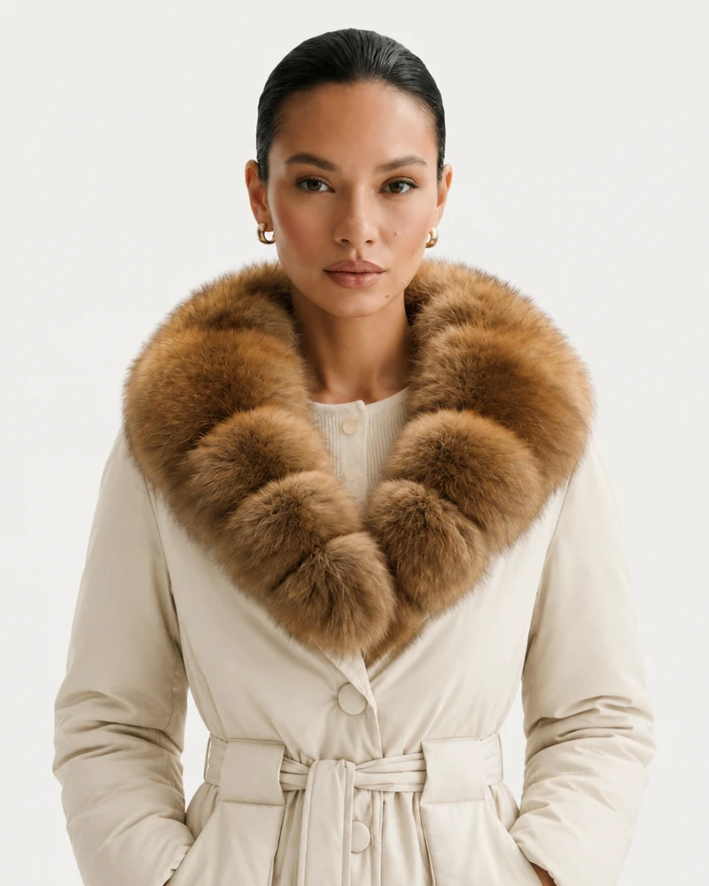 Fox Fur Collar Down Jacket With Belt